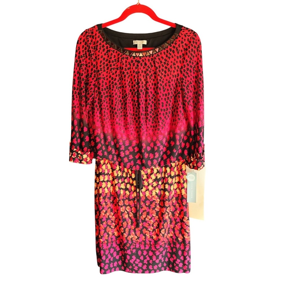 London Times Blouson Dress Womens 10 Pink Red NWT Studded Neck 3/4 Sleeve
